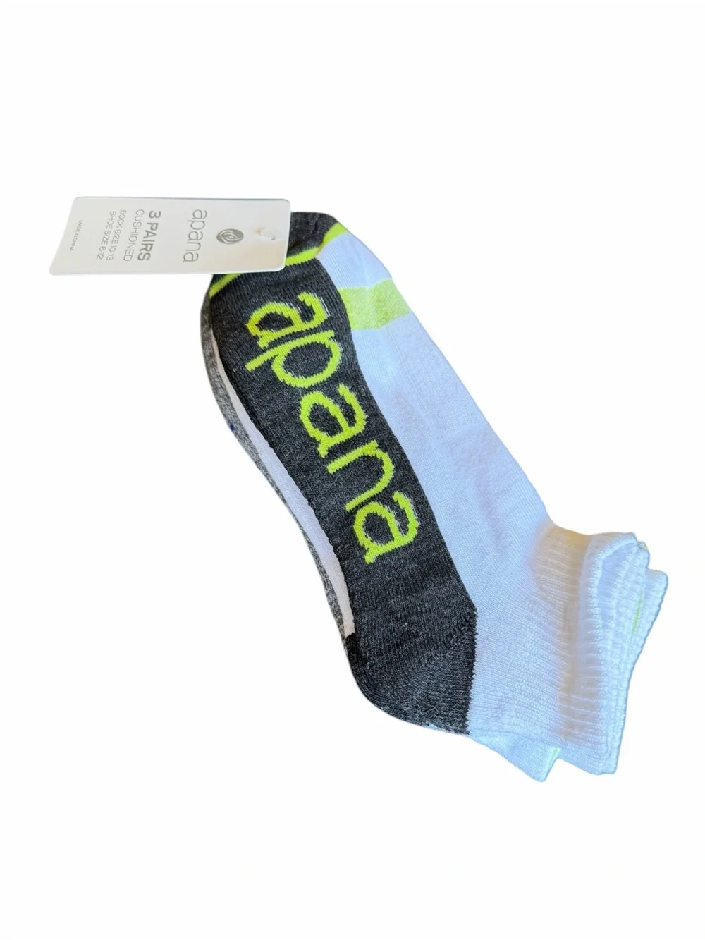 Apana Low-Cut Athletic Sock with Neon Lime Logo Set NWT